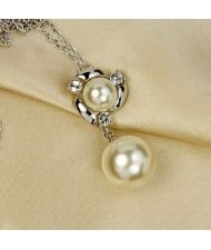 Elegent Twin Pearls Pendant Necklace - Platinum
