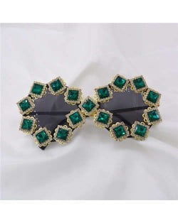 Square Green Gems Embellished High Fashion Women Sunglasses - Green