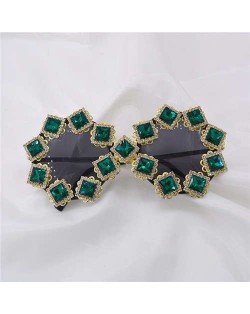 Square Green Gems Embellished High Fashion Women Sunglasses - Green