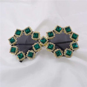 Square Green Gems Embellished High Fashion Women Sunglasses - Green