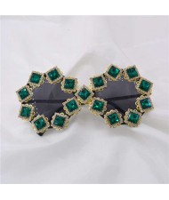 Square Green Gems Embellished High Fashion Women Sunglasses - Green