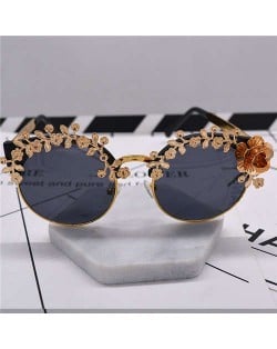 Golden Flowers Decorated Cat Eye Design Women Costume Sunglasses