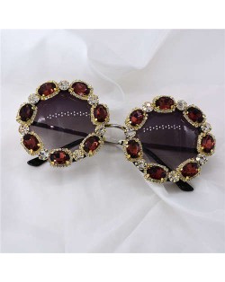 Shining Rhinestone Embellished Round Fashion Women Costume Sunglasses - Brown