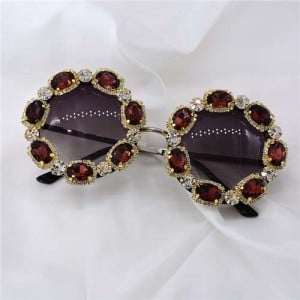 Shining Rhinestone Embellished Round Fashion Women Costume Sunglasses - Brown
