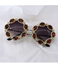 Shining Rhinestone Embellished Round Fashion Women Costume Sunglasses - Brown