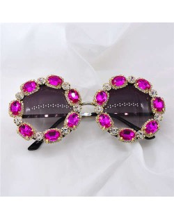 Shining Rhinestone Embellished Round Fashion Women Costume Sunglasses - Rose