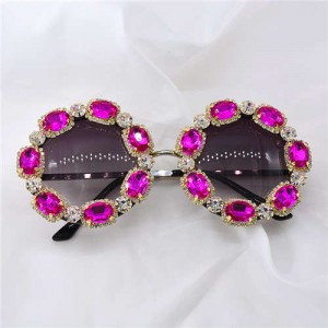 Shining Rhinestone Embellished Round Fashion Women Costume Sunglasses - Rose
