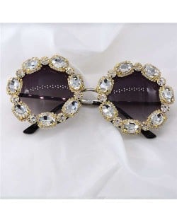 Shining Rhinestone Embellished Round Fashion Women Costume Sunglasses - White