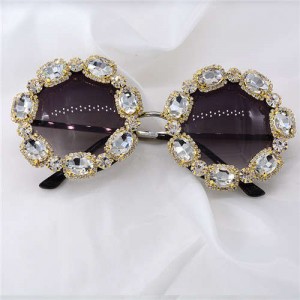 Shining Rhinestone Embellished Round Fashion Women Costume Sunglasses - White