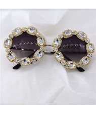 Shining Rhinestone Embellished Round Fashion Women Costume Sunglasses - White