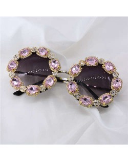 Shining Rhinestone Embellished Round Fashion Women Costume Sunglasses - Pink