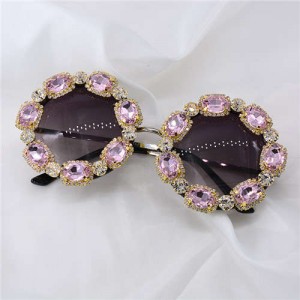 Shining Rhinestone Embellished Round Fashion Women Costume Sunglasses - Pink