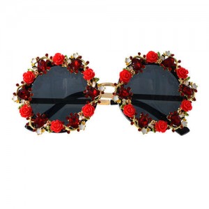 Cute Flowers Vintage Fashion Round Shape Women Costume Sunglasses - Red