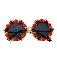 Cute Flowers Vintage Fashion Round Shape Women Costume Sunglasses - Red