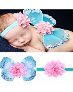 Flower Decorated Angel Wings Design Blue Baby Hair Band Set