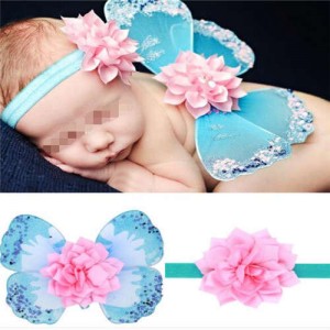 Flower Decorated Angel Wings Design Blue Baby Hair Band Set