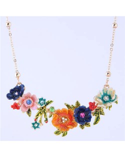 Oil-spot Glazed Flowers Cluster Design Romantic Fashion Women Costume Necklace - Yellow