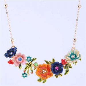 Oil-spot Glazed Flowers Cluster Design Romantic Fashion Women Costume Necklace - Yellow