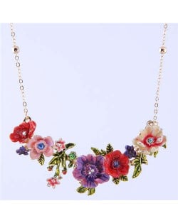 Oil-spot Glazed Flowers Cluster Design Romantic Fashion Women Costume Necklace - Purple