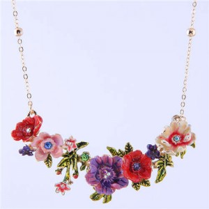 Oil-spot Glazed Flowers Cluster Design Romantic Fashion Women Costume Necklace - Purple