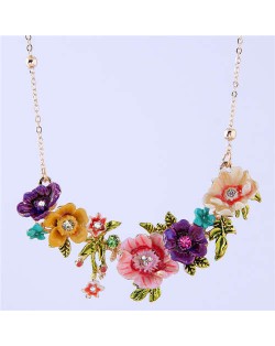 Oil-spot Glazed Flowers Cluster Design Romantic Fashion Women Costume Necklace - Red