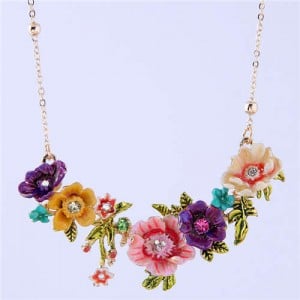 Oil-spot Glazed Flowers Cluster Design Romantic Fashion Women Costume Necklace - Red