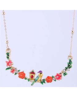 Bird and Flowers Pendant High Fashion Enamel Women Costume Bib Necklace - Purple