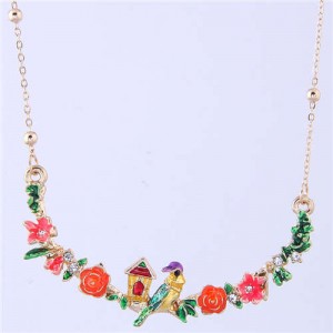 Bird and Flowers Pendant High Fashion Enamel Women Costume Bib Necklace - Purple