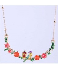 Bird and Flowers Pendant High Fashion Enamel Women Costume Bib Necklace - Purple