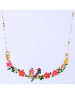 Bird and Flowers Pendant High Fashion Enamel Women Costume Bib Necklace - Red