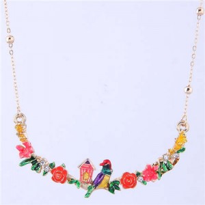 Bird and Flowers Pendant High Fashion Enamel Women Costume Bib Necklace - Red