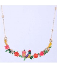 Bird and Flowers Pendant High Fashion Enamel Women Costume Bib Necklace - Red