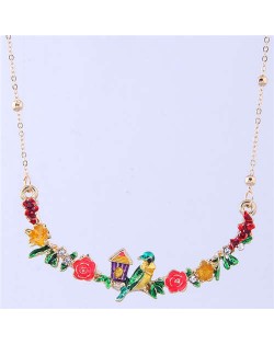 Bird and Flowers Pendant High Fashion Enamel Women Costume Bib Necklace - Green