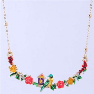 Bird and Flowers Pendant High Fashion Enamel Women Costume Bib Necklace - Green