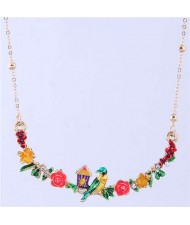 Bird and Flowers Pendant High Fashion Enamel Women Costume Bib Necklace - Green