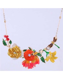 Dragonfly and Bee in the Flowers Design Enamel Women Fashion Bib Necklace - Yellow