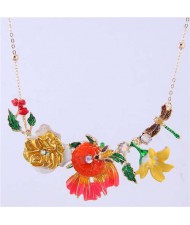 Dragonfly and Bee in the Flowers Design Enamel Women Fashion Bib Necklace - Yellow
