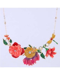 Dragonfly and Bee in the Flowers Design Enamel Women Fashion Bib Necklace - Red