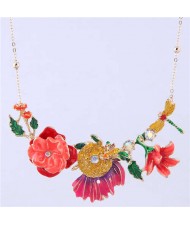 Dragonfly and Bee in the Flowers Design Enamel Women Fashion Bib Necklace - Red