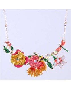 Dragonfly and Bee in the Flowers Design Enamel Women Fashion Bib Necklace - White