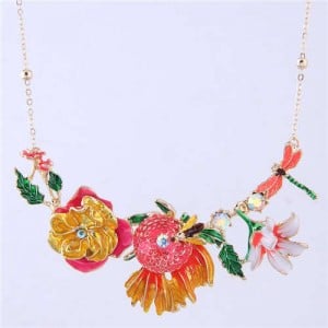 Dragonfly and Bee in the Flowers Design Enamel Women Fashion Bib Necklace - White