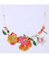 Dragonfly and Bee in the Flowers Design Enamel Women Fashion Bib Necklace - White