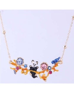 Bear and Bird Shining Garden Design Pendant Enamel Women Fashion Bib Necklace - Blue