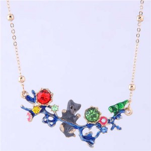 Bear and Bird Shining Garden Design Pendant Enamel Women Fashion Bib Necklace - Green