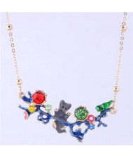 Bear and Bird Shining Garden Design Pendant Enamel Women Fashion Bib Necklace - Green