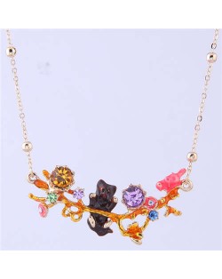 Bear and Bird Shining Garden Design Pendant Enamel Women Fashion Bib Necklace - Red