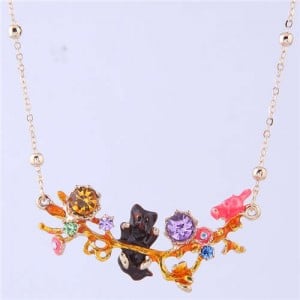 Bear and Bird Shining Garden Design Pendant Enamel Women Fashion Bib Necklace - Red