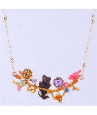 Bear and Bird Shining Garden Design Pendant Enamel Women Fashion Bib Necklace - Red
