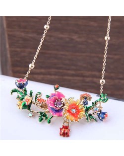 Oil-spot Glazed Prosperous Flowers Western Fashion Women Bib Necklace - Blue
