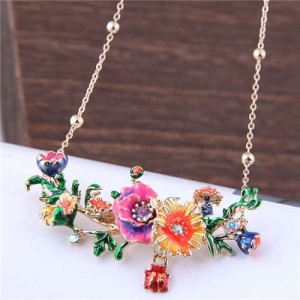 Oil-spot Glazed Prosperous Flowers Western Fashion Women Bib Necklace - Blue